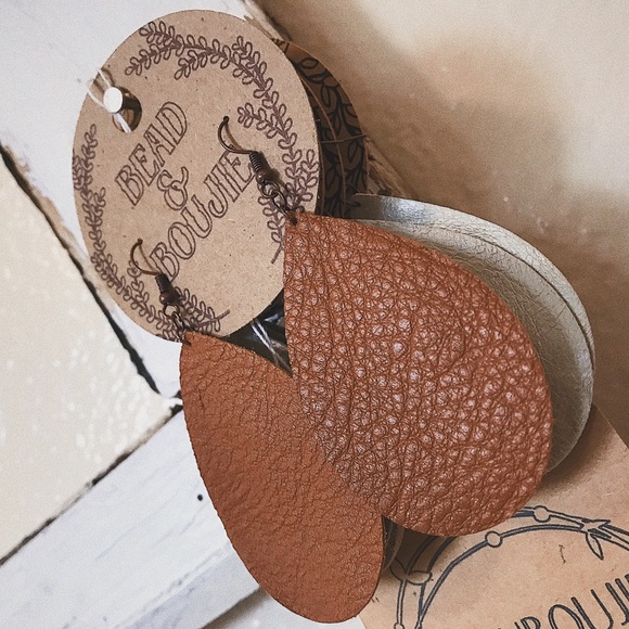 Genuine Cognac Brown Leather Teardrop Lightweight Dangle Statement Earrings - Picture 5 of 6